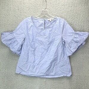 Madewell Women's XS Ruffle Sleeve Blouse Blue Cotton Lightweight Casual Top